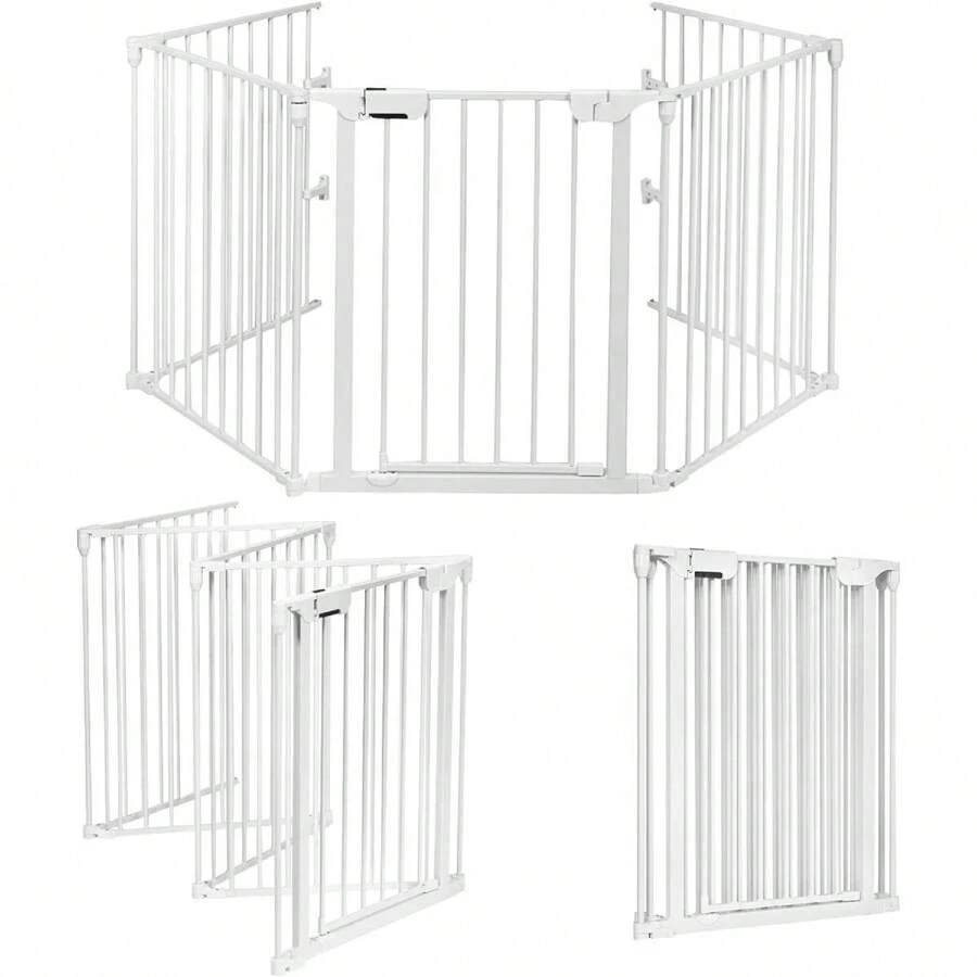 Foldable Gate For Children/Dogs/Cats, Fireplace Gate With Door, Metal Stove Gate, Playpen/Safety Gate, 5 Elements, Choice Of Color (White) - 白色 - 查看 1