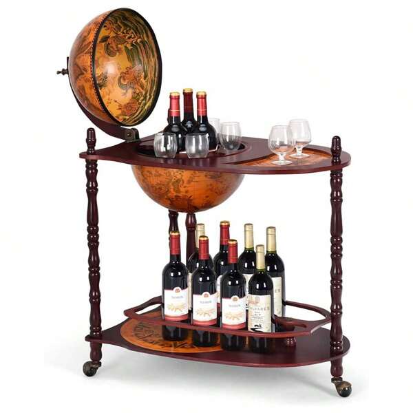 Globe Bar World Globe Wine Rack, Standing Globe Bar On Wheels, Bottle Rack Rollable Italian Aesthetic, Home Bar Cocktail Bar Decorative Bar Table Bar With Solid Wood, Bar Cart For Home/Bars/Restaurants
