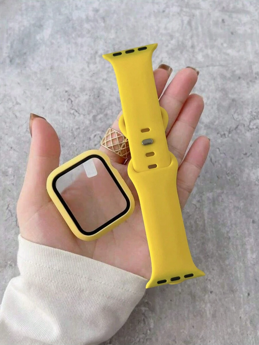 2-in-1 Band und Hülle Set, gelbes weiches und bequemes Silikon Sportarmband, ultradünne gehärtete Glas Bildschirmschutzfolie Hülle, kompatibel mit Apple Watch Series Ultra/SE/11/10/9/8/7/6/5/4/3/2/1, kompatibel mit Apple Watch Bändern 38/40/41/42/44/45/46/49mm