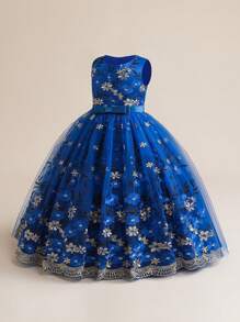 少女刺绣网纱长款优雅连衣裙，适合学校舞会、正式场合，不含发带 - 藍色 - 查看 3