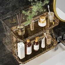 Home Use Punch-Free Bathroom Shelf, Toiletry Rack, Wall Mount For Washroom, Lavatory, Kitchen, Cosmetic Organizer, Dual Layer Desktop Storage - Champagne - View 1
