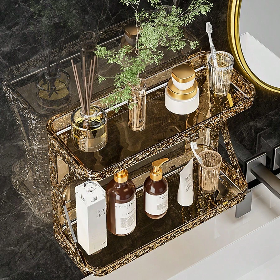 Home Use Punch-Free Bathroom Shelf, Toiletry Rack, Wall Mount For Washroom, Lavatory, Kitchen, Cosmetic Organizer, Dual Layer Desktop Storage - Champagne - View 1