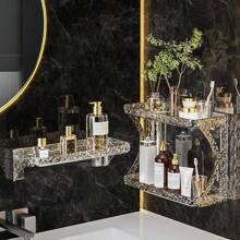 Home Use Punch-Free Bathroom Shelf, Toiletry Rack, Wall Mount For Washroom, Lavatory, Kitchen, Cosmetic Organizer, Dual Layer Desktop Storage - Champagne - View 3