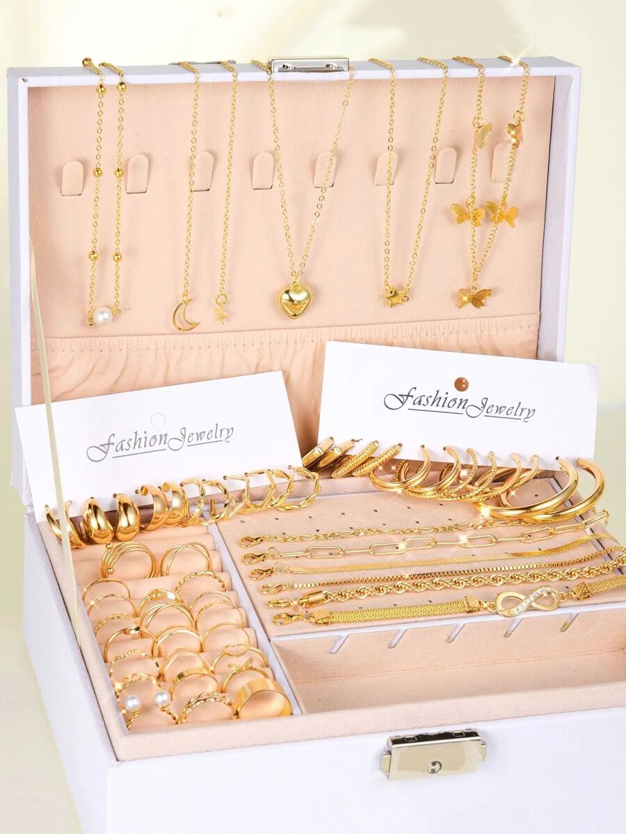 1-44入組優雅極簡主義金屬女性珠寶套裝,包括耳環、項鍊、戒指、手鍊、足鍊,適合各年齡和季節,在日常穿著和送給家人、朋友或女友時都非常完美（不包含盒子） - 首飾套裝 - 查看 1