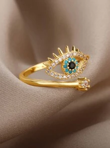 1 pieza Anillo abierto con ojo turco de la suerte, estilo europeo y americano, anillo ajustable de acero inoxidable dorado para mujer, joya de pareja de moda como regalo - Amarillo Oro - Ver 4