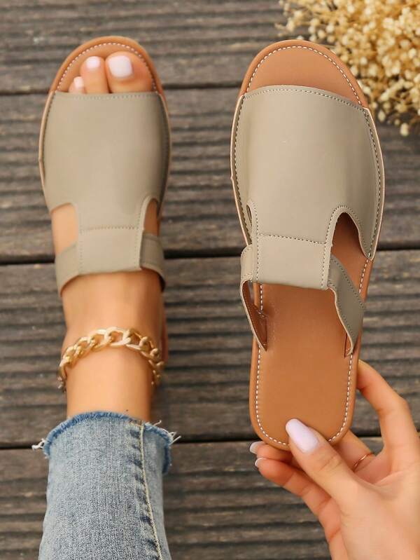 Women's Fashion Comfortable Durable Rubber Sole Sandals, Casual Home & Outdoor Wear Leather Upper Flat Sandals For Summer