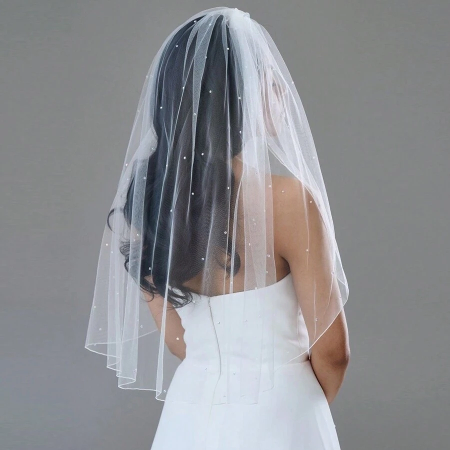 Affordable Bridal Wedding Veil, Short Length With Pencil Edge & Pearls, 1pc Fall Clothes For Women - Multicolor - View 1