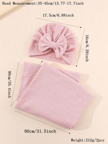 Newborn Baby Wrap Blanket Set With Bow Decoration Hat, 1pc Swaddle Blanket And 1pc Headband For 1-10 Months - Coral Pink - View 2