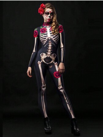 1pc Horror Skull, Rose, And Skeleton Printed Jumpsuit Cosplay Costume For Adults