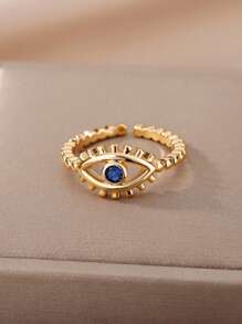 1 pieza Anillo abierto con ojo turco de la suerte, estilo europeo y americano, anillo ajustable de acero inoxidable dorado para mujer, joya de pareja de moda como regalo - Amarillo Oro - Ver 6