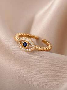 1 pieza Anillo abierto con ojo turco de la suerte, estilo europeo y americano, anillo ajustable de acero inoxidable dorado para mujer, joya de pareja de moda como regalo - Amarillo Oro - Ver 7