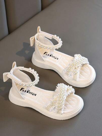1 Pair Comfortable Bowknot Decorated Princess Flat Sandals With Ankle Strap For Girls' Party, Suitable For Summer