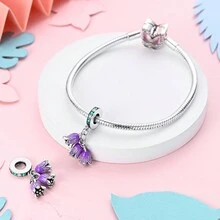 1入組鍍銀精細紫色油滴氧化鋯石鈴蘭花祝福吊墜，適用於手鍊/項鍊DIY珠寶製作，老師禮物 - 銀色 - 查看 2