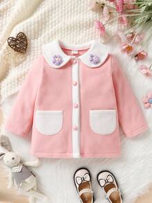 时尚柔软舒适女婴可爱保暖夹克，带彼得潘领，适合春秋冬季 - 粉色 - 查看 2