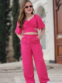 Conjunto duna moda infantil calça e cropped moda feminina infantil para meninas blogueirinha - Pink - Visão 6