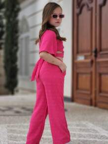 Conjunto duna moda infantil calça e cropped moda feminina infantil para meninas blogueirinha - Pink - Visão 7