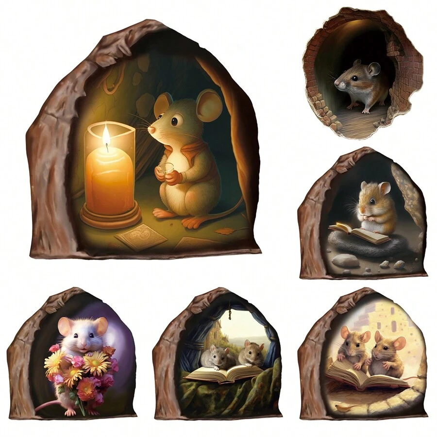 6pcs Different 3D View Mouse Hole Wall Stickers Home Decor,Stickers,Wall Decal, Vinyl Decal For Home Decorations,Spring Decoration Items Refresh Your Home,Rama Decoration Stickers - Multicolor - View 1