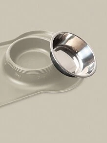 1pc Stainless Steel Double-Bowl Pet Bowl With Splash And Spill Resistant Design, With Base Holder - Beige - View 5