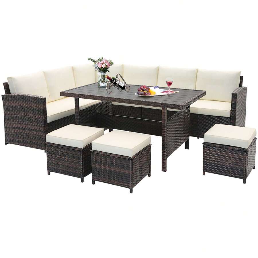 COSTWAY 7 PCS Patio Furniture Set Rattan Sectional Conversation Sofa Coffee Table Porch - trắng - Xem 1