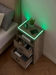 Nightstand With LED Lights,Night Stand / Bedside Table With 2 Drawers And Open Storage,Modern End Side Table For Bedroom - 灰色 - 查看 4