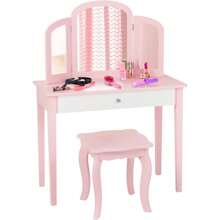 2 In 1 Children's Dressing Table/Desk, Dressing Table & Chair, Cosmetic Table With Removable Triple Mirror & Drawer, Padded Stool, Wooden, Country House Style, For Children's Room (Pink)