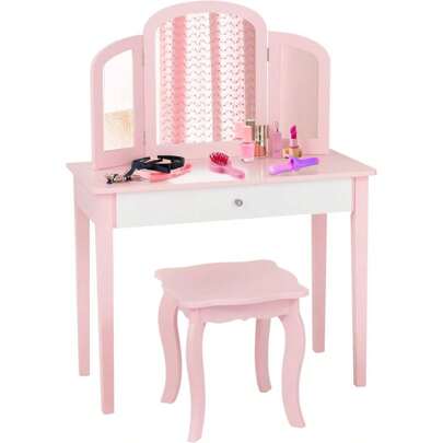 2 In 1 Children's Dressing Table/Desk, Dressing Table & Chair, Cosmetic Table With Removable Triple Mirror & Drawer, Padded Stool, Wooden, Country House Style, For Children's Room (Pink)
