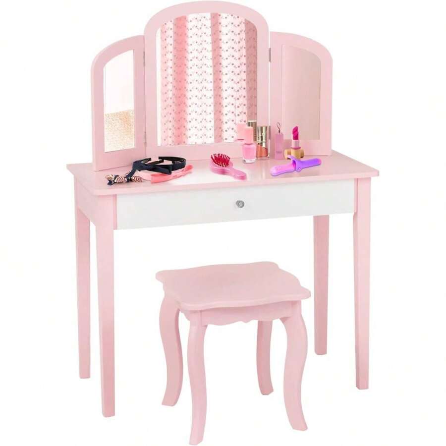 2 In 1 Children's Dressing Table/Desk, Dressing Table & Chair, Cosmetic Table With Removable Triple Mirror & Drawer, Padded Stool, Wooden, Country House Style, For Children's Room (Pink)