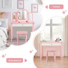 2 In 1 Children's Dressing Table/Desk, Dressing Table & Chair, Cosmetic Table With Removable Triple Mirror & Drawer, Padded Stool, Wooden, Country House Style, For Children's Room (Pink)