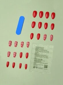 24入組長款杏仁紅色實心心形圖案假甲+1張膠帶+1支甲檔，貼式假甲美甲用品 - 紅色 - 查看 2