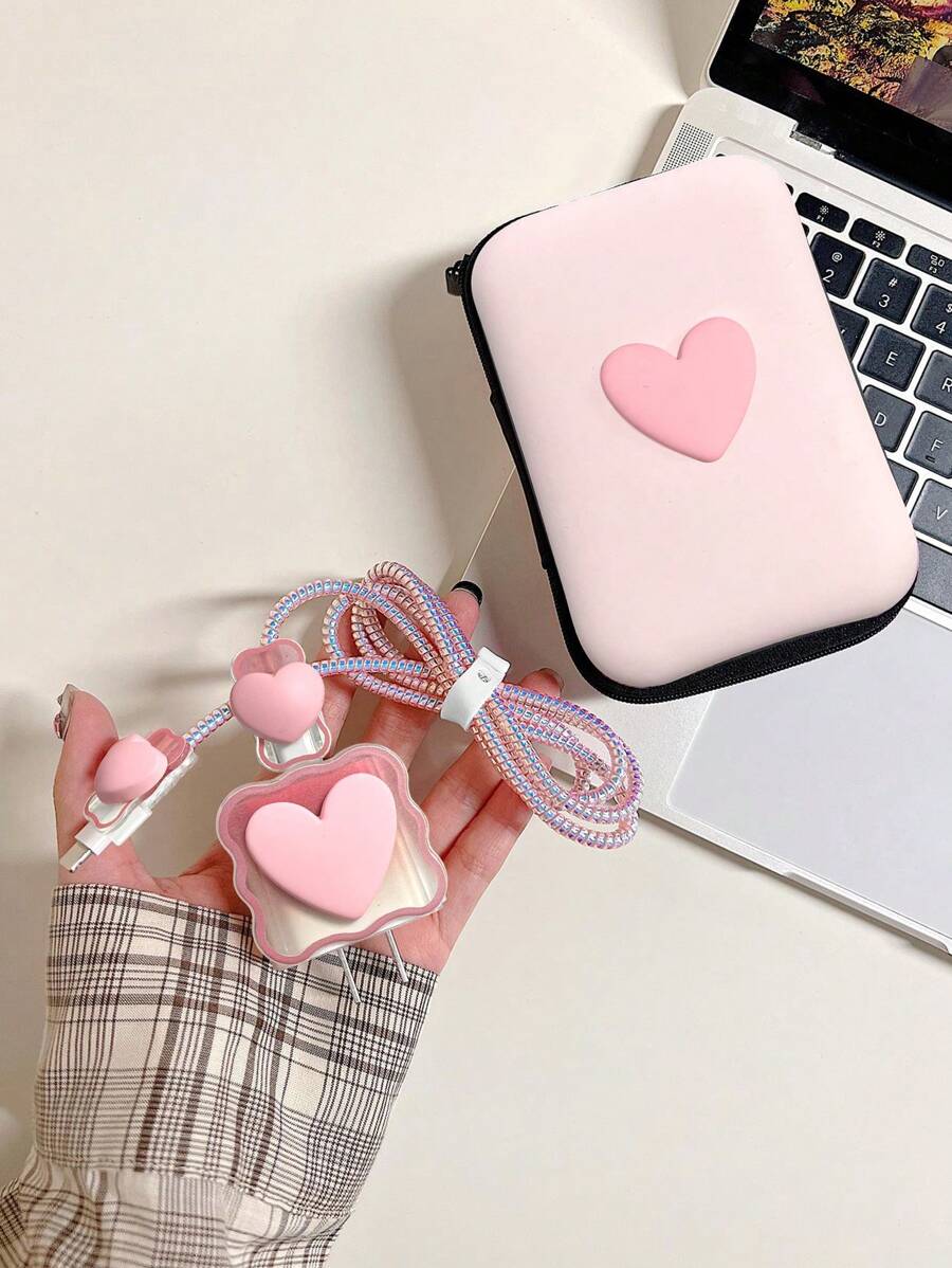 6pcs/Set Pink Heart Shaped Cable Organizer Bag & Earphone Case, Cartoon Cute Portable Data Cable Protector Charger Protector - Pink - View 1