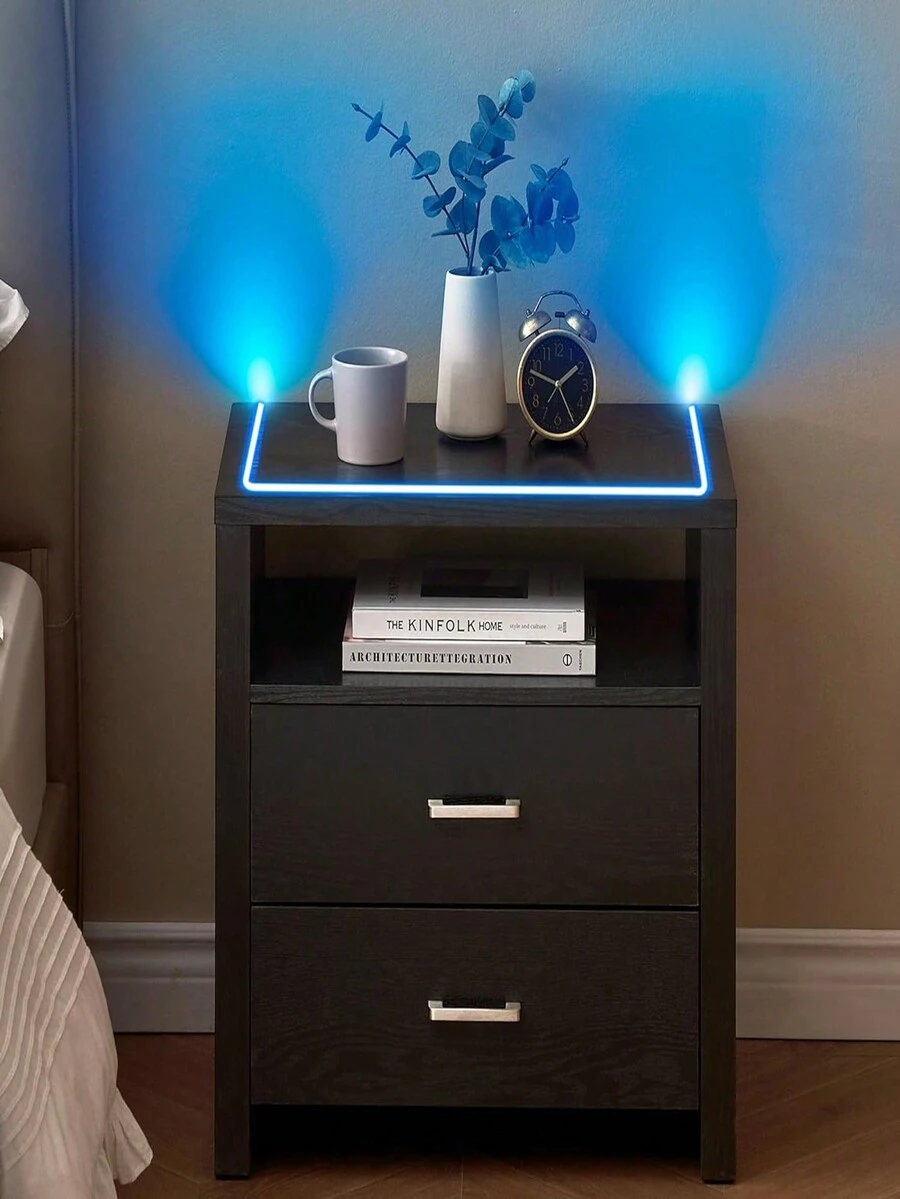 Nightstand With LED Lights,Night Stand / Bedside Table With 2 Drawers And Open Storage,Modern End Side Table For Bedroom - Black - View 1