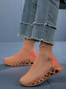 Women's Minimalist Fashion Round Toe High-Top Slip-On Thick Sole Sock Shoes, Dopamine Inspired Outdoor Knit Slip-On Sock Shoes - Camel - View 1