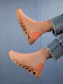 Women's Minimalist Fashion Round Toe High-Top Slip-On Thick Sole Sock Shoes, Dopamine Inspired Outdoor Knit Slip-On Sock Shoes - Camel - View 3