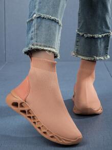 Women's Minimalist Fashion Round Toe High-Top Slip-On Thick Sole Sock Shoes, Dopamine Inspired Outdoor Knit Slip-On Sock Shoes - Camel - View 4