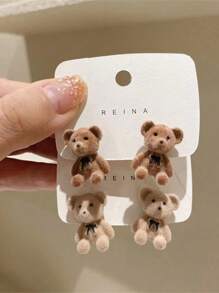 絨面可愛熊形925純銀耳釘,適用於青少年女孩和學生 - 米色 - 查看 1