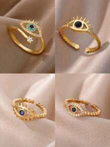1 pieza Anillo abierto con ojo turco de la suerte, estilo europeo y americano, anillo ajustable de acero inoxidable dorado para mujer, joya de pareja de moda como regalo - Amarillo Oro - Ver 13
