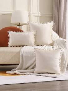 Miater 1pc Flannel Fur Ball Decorative Pillow Cover - Beige - View 2