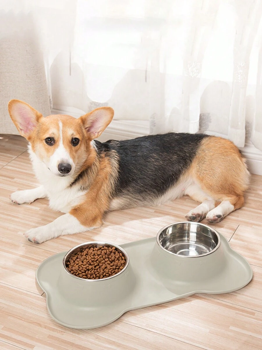 1pc Stainless Steel Double-Bowl Pet Bowl With Splash And Spill Resistant Design, With Base Holder