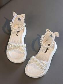 1 Pair Comfortable Bowknot Decorated Princess Flat Sandals With Ankle Strap For Girls' Party, Suitable For Summer