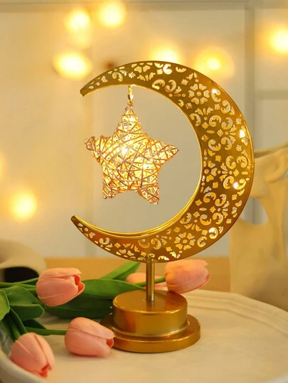 عيد Eid 1 قطعة إضاءة ليلية بتصميم نجمة وهلال من الحديد الفني للاحتفالات والديكور، تعمل بالبطارية، واختيار مثالي