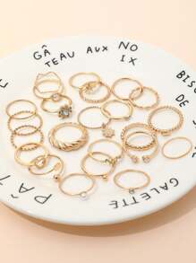 23 件金色心形、太阳、八角星形时尚戒指套装，带人造珍珠和水钻细节，适合女性日常佩戴情人节 - 金色 - 查看 2