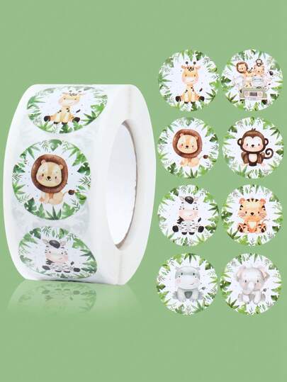 500 piezas Pegatinas redondas de animales de la jungla, suministros de embalaje para regalos de fiesta de cumpleaños, bolsas de regalo de caramelos, pegatinas de sellado, recompensas de maestro, pegatinas de aliento para diario DIY, etiquetas de embalaje de regalos, pegatinas de dibujos animados