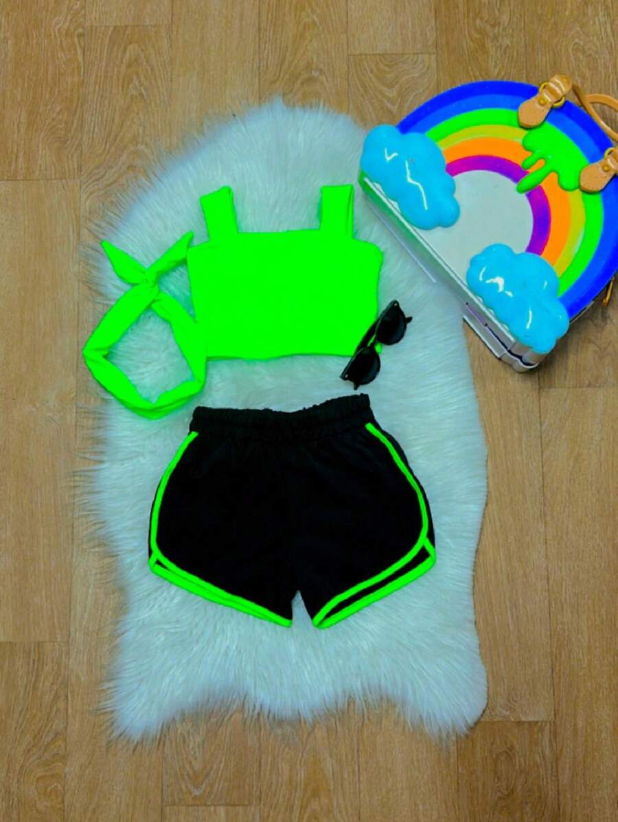 conjunto shorts e croped neon verao meninas - Verde - Visão 1