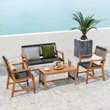 Patio 4pcs Acacia Wood Conversation Table & Chair Set Hand-Woven Rope Outdoor - 黑色 - 查看 3