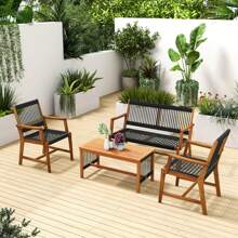 Patio 4pcs Acacia Wood Conversation Table & Chair Set Hand-Woven Rope Outdoor - 黑色 - 查看 4