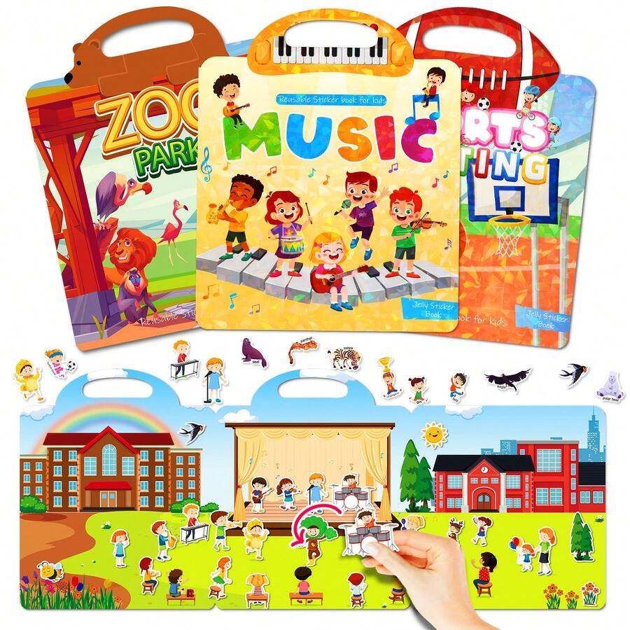 3 Sets Portable Jelly Sticker Book, Music Sport Zoo Theme Reusable Sticker Book For Girls Boys Birthday Gift, Removable Stickers For Fashion Activity, Creative Sticker Story Books - Multicolor - View 1
