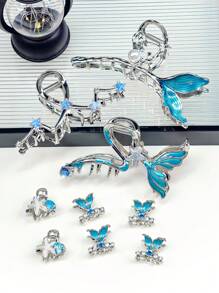 3入組藍色魚尾造型金屬髮夾，包含小號和大號海星髮夾、髮卡，適用於髮髻的髮飾配件 - 彩色 - 查看 10