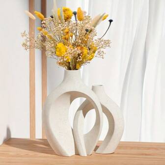 陶瓷花瓶 2 件套,圓形現代花瓶適合北歐簡約書本風格架子裝飾,甜甜圈波西米亞風美學花瓶適合時尚家居客廳入口咖啡桌裝飾