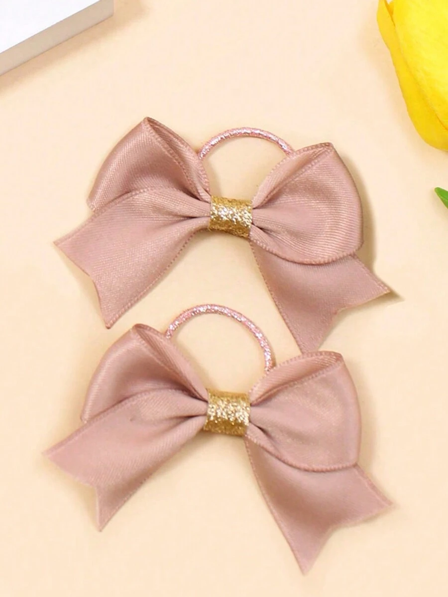 2pcs Solid Color Hair Ties With Golden Trimming, Suitable For Everyday Use - Pink - View 1