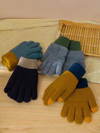 1双厚针织保暖冬季手套，适合男女，户外骑行